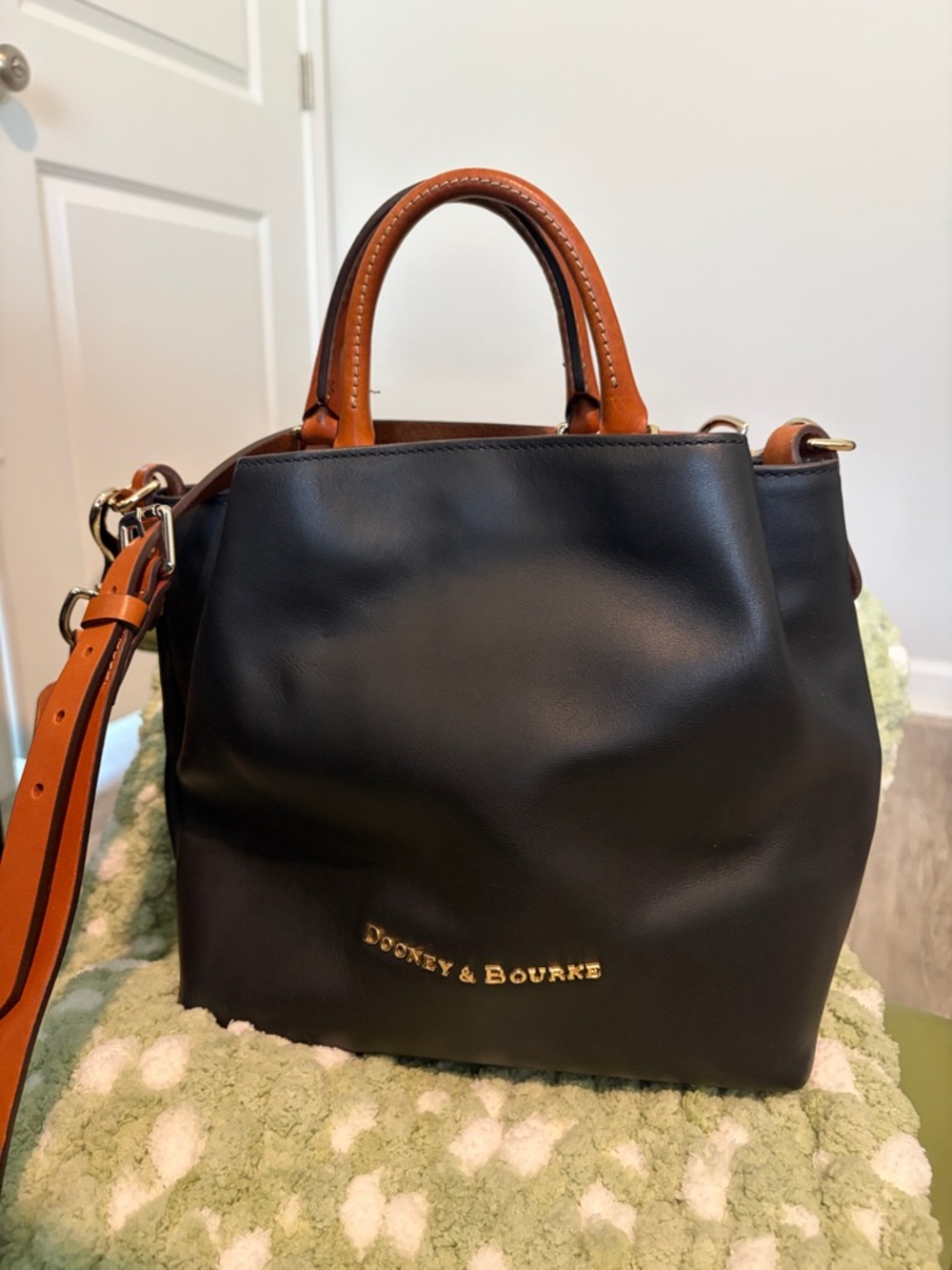 Dooney & Bourke Black Leather Shoulder Tote with Tan Trim